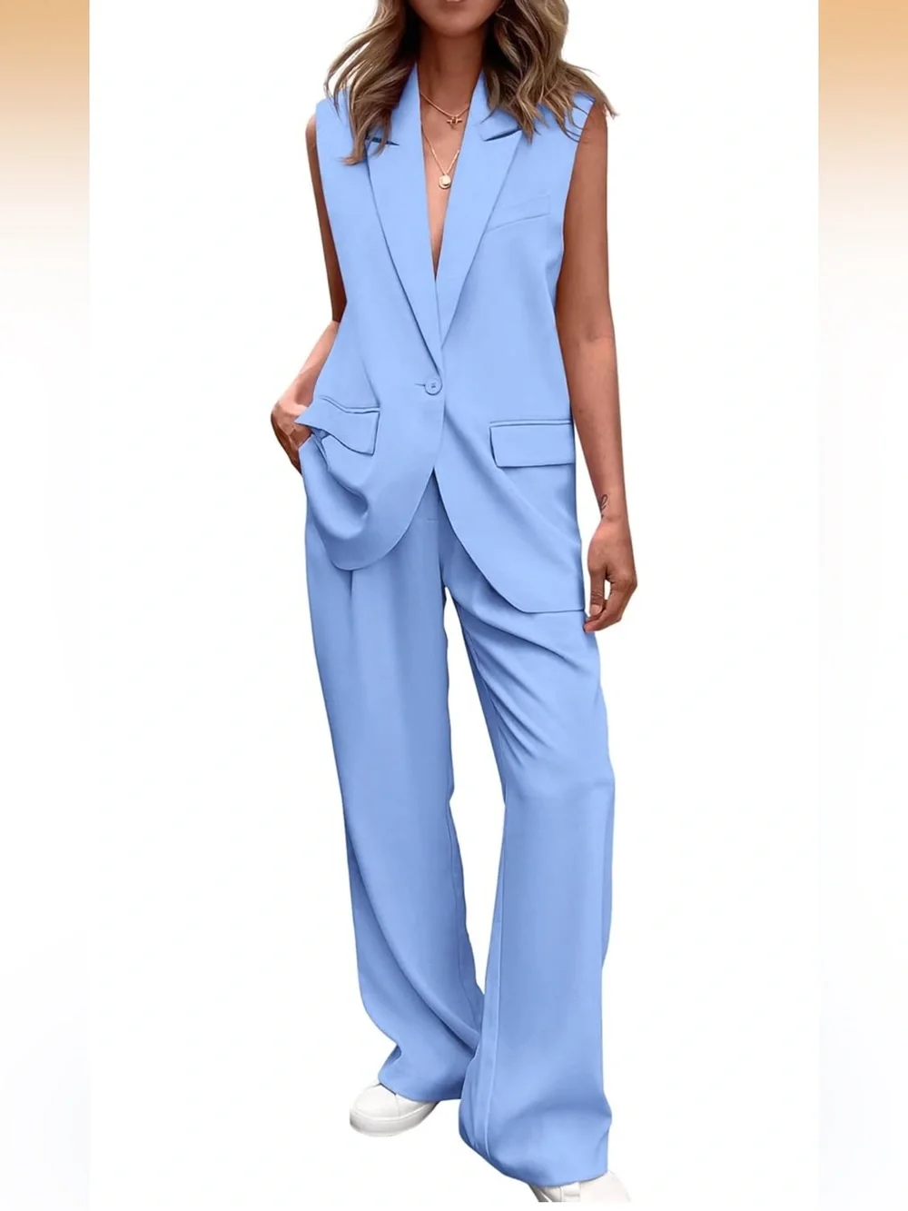 Women’s Two Piece Outfit Sleeveless Suit Vest and Wide Leg Pants Blazer Set - Picture 1 of 11